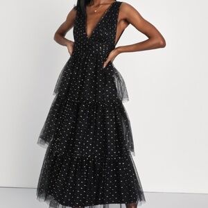 Lulus Decadent Impression Black Tulle Tiered Shiny Dot Midi Dress - Size XL